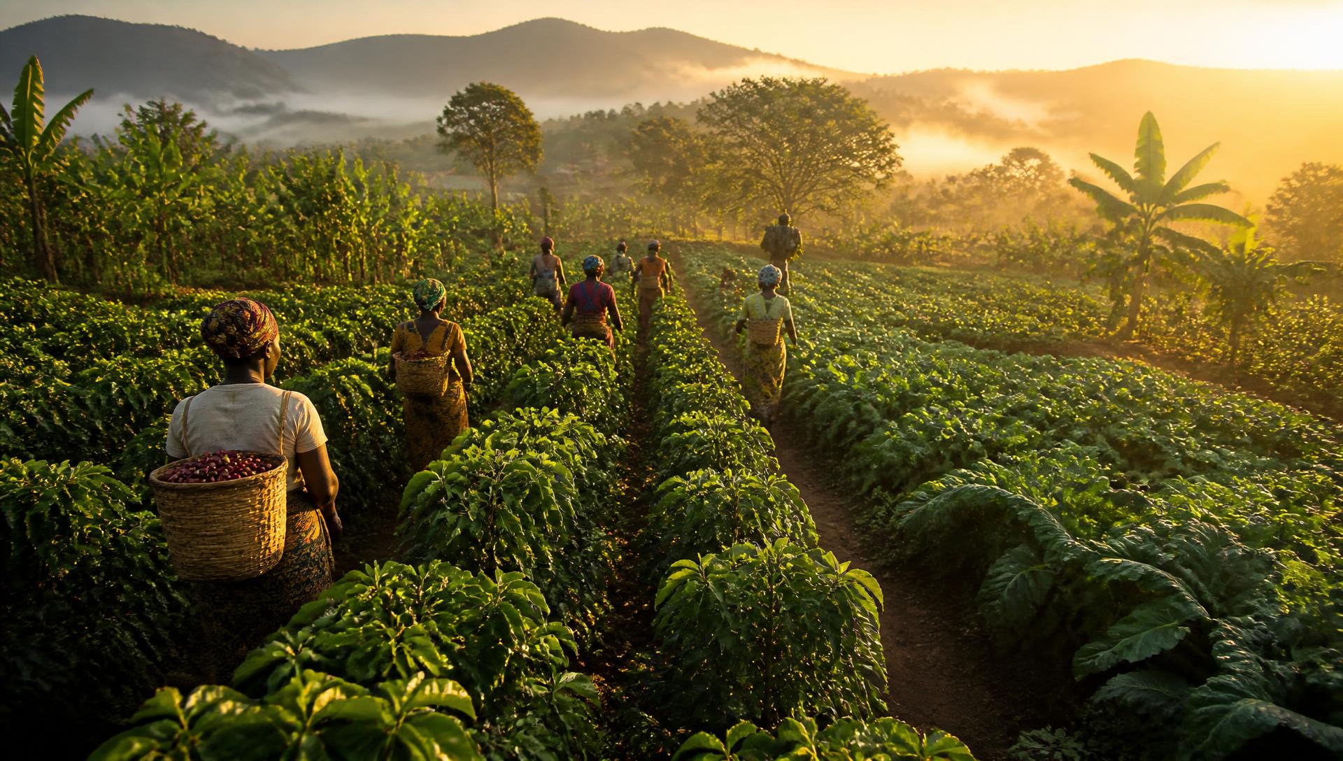 African farmers harvesting coffee at sunrise in the highlands
